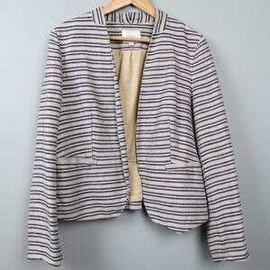LOFT Linen Blend Striped Blazer Jacket Sz 12 Beige Navy Pleated Peplum Collarles